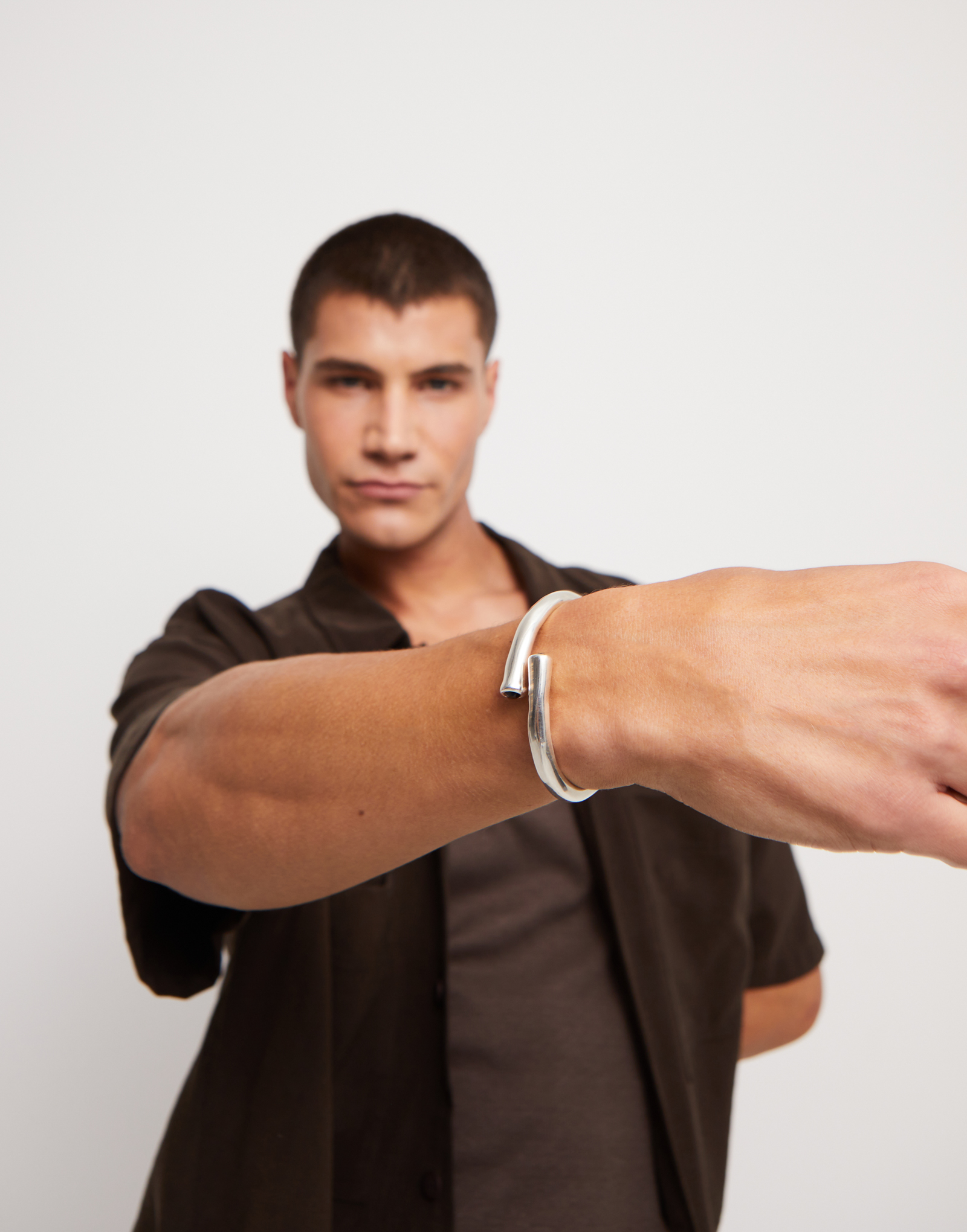 Bangle bracelet with two black crystal, Silver, large thumbnail